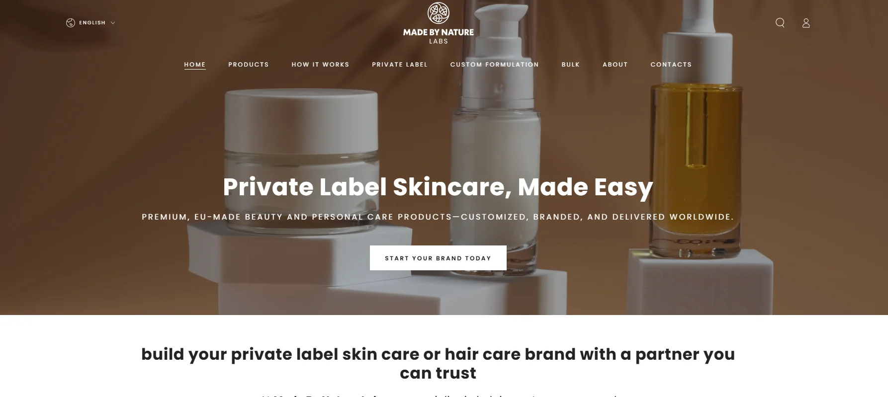 Private label skincare products displayed on blocks with text highlighting EU-made personal care solutions and customization services.